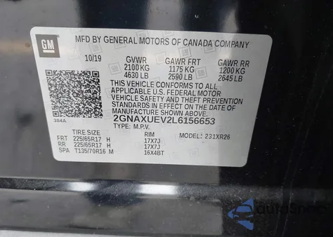 2020 Chevrolet Equinox Awd Lt 1.5L Turbo z USA, uszkodzony, nr VIN 2GNAXUEV2L6156653